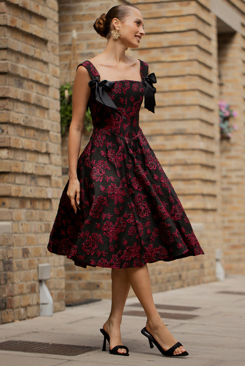 Jacquard Multiway Bow Strap Skater Midi Dress - Black by Goddiva