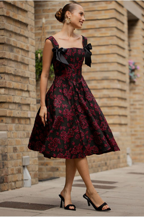 Jacquard Multiway Bow Strap Skater Midi Dress - Black by Goddiva