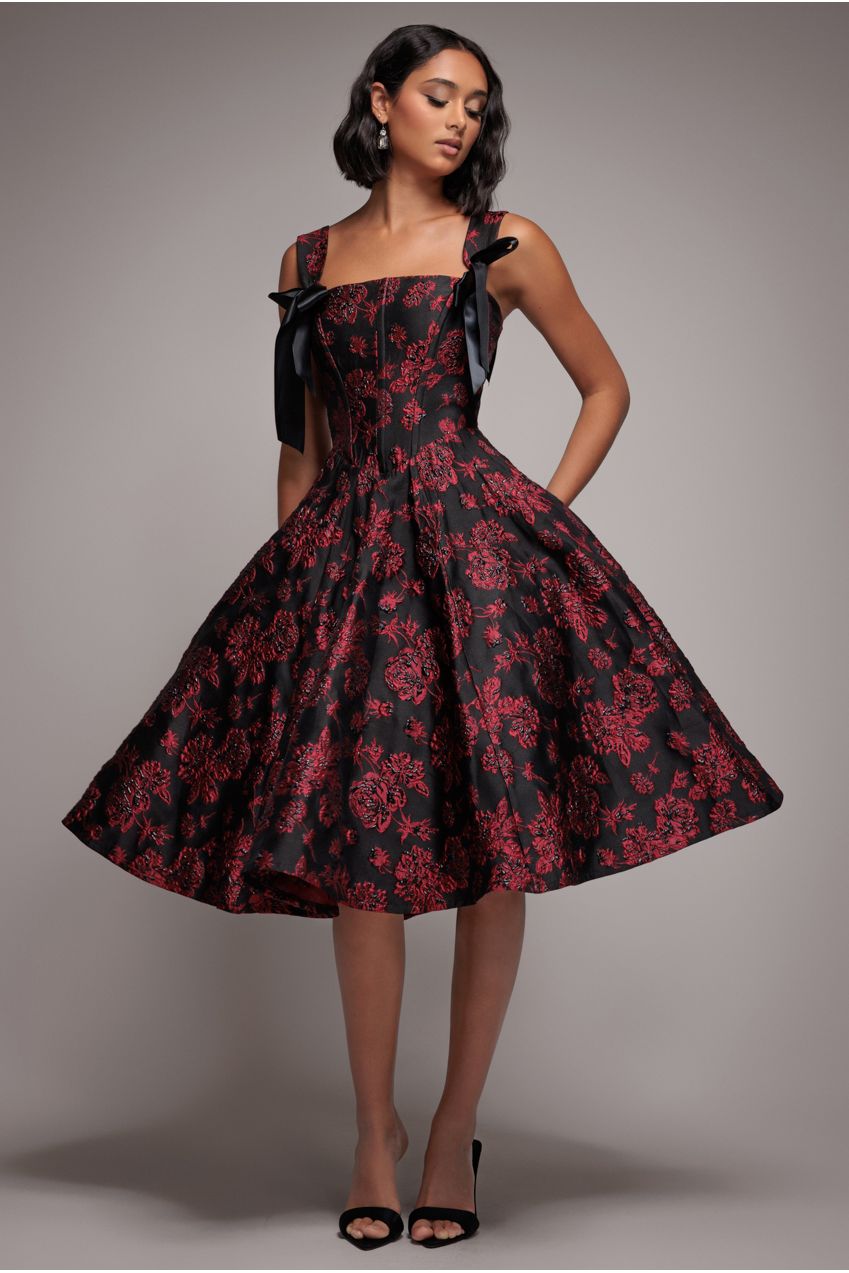 Jacquard Multiway Bow Strap Skater Midi Dress - Black DR4866