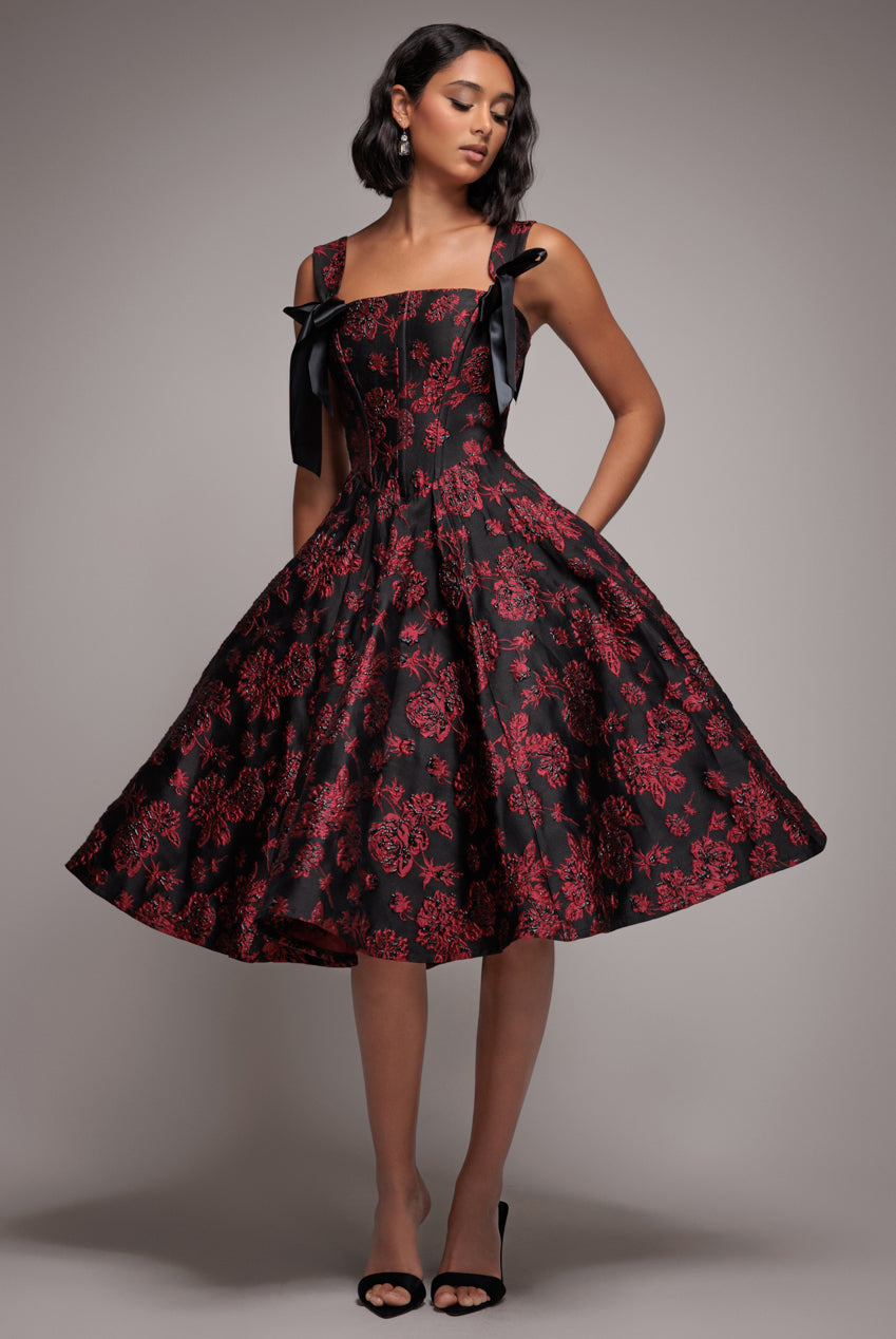 Jacquard Multiway Bow Strap Skater Midi Dress - Black DR4866