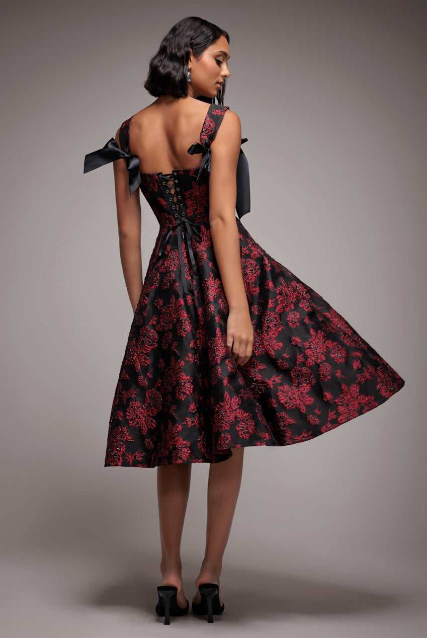 Jacquard Multiway Bow Strap Skater Midi Dress - Black DR4866