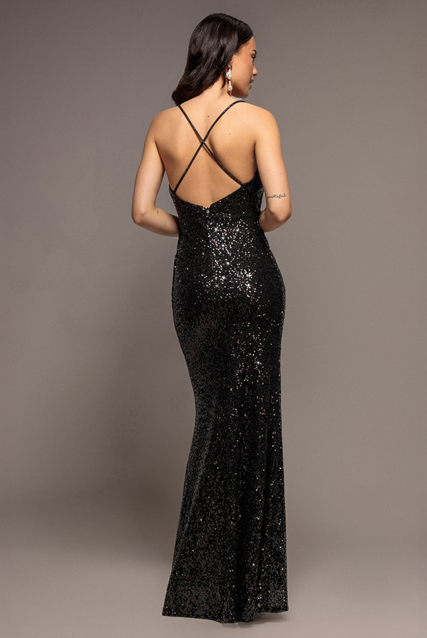 Plunge Cowl Criss Cross Back Sequin Maxi Dress - Black DR4868