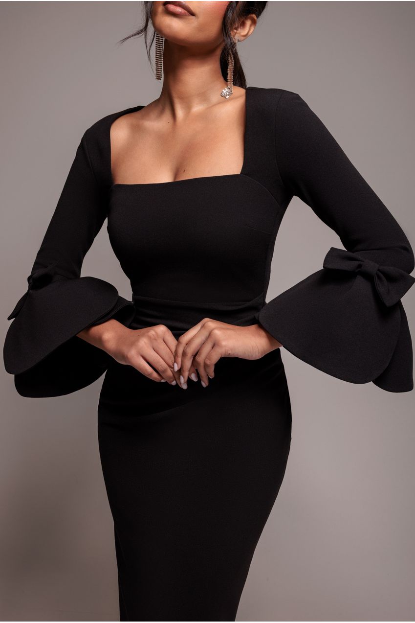 Petal Bow Sleeve Frill Midi Dress - Black DR4870