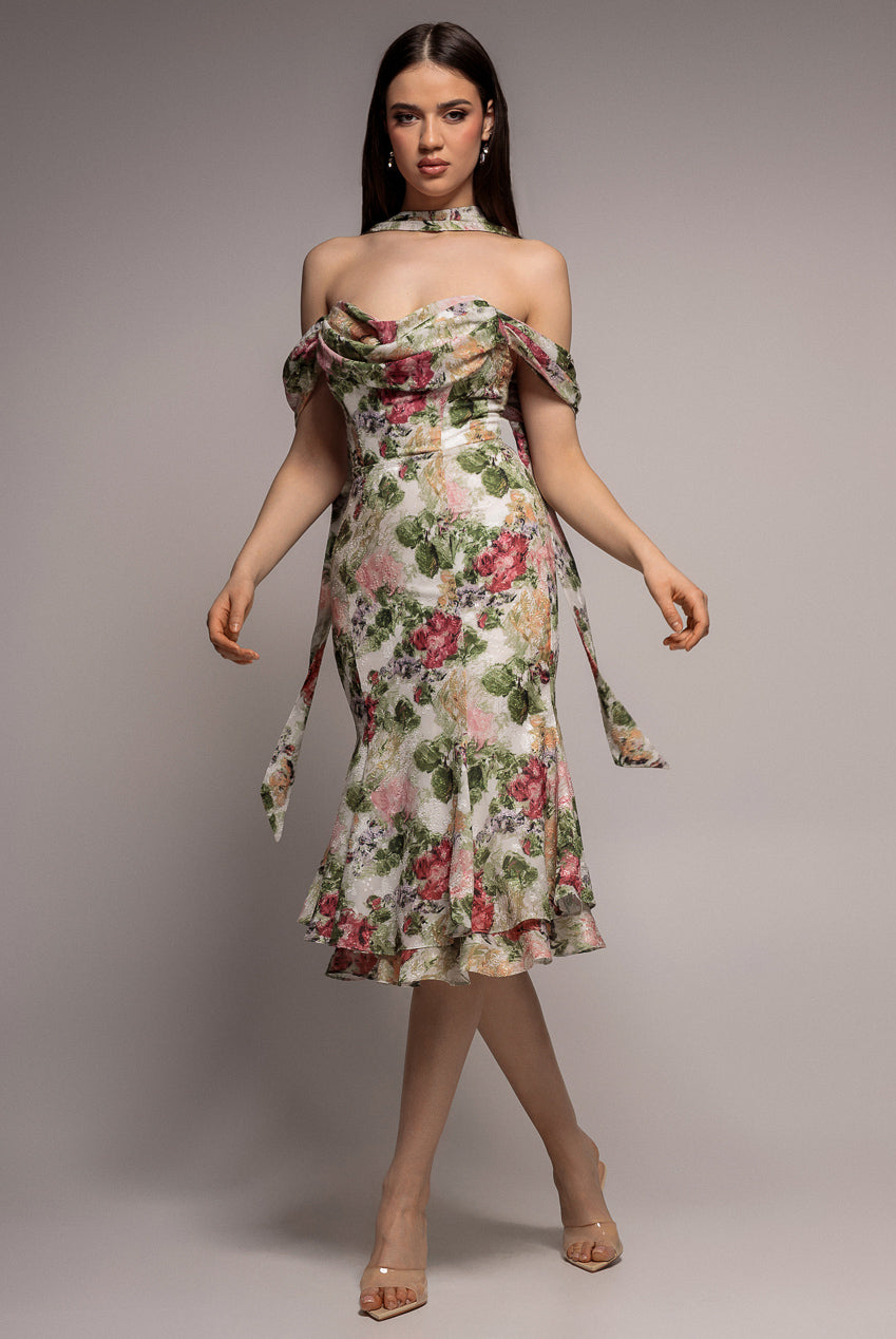 Cowl Neck Floral Print Jacquard Chiffon Tiered Midi Dress - Cream DR4871