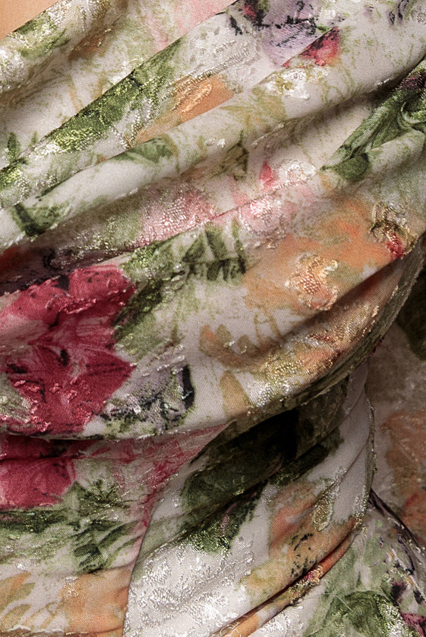 Cowl Neck Floral Print Jacquard Chiffon Tiered Midi Dress - Cream DR4871