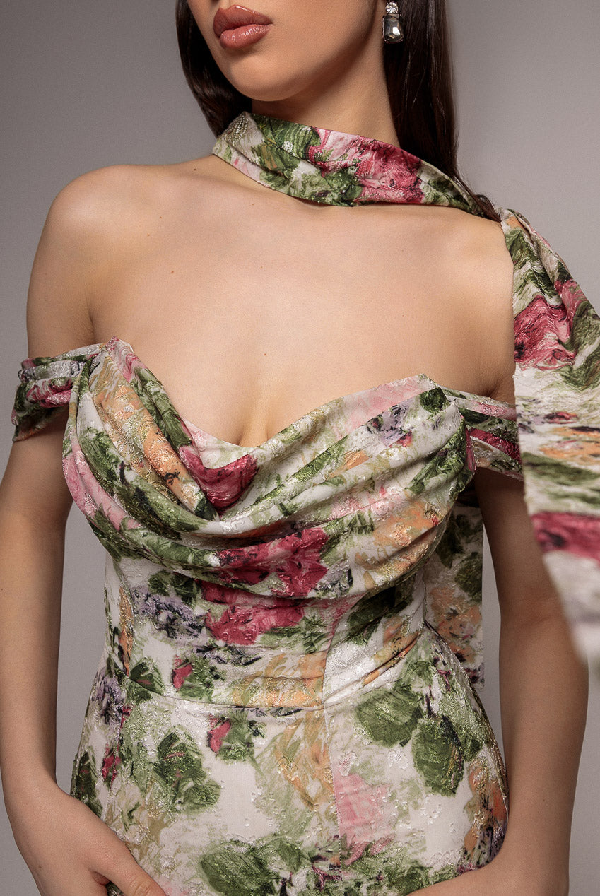 Cowl Neck Floral Print Jacquard Chiffon Tiered Midi Dress - Cream DR4871