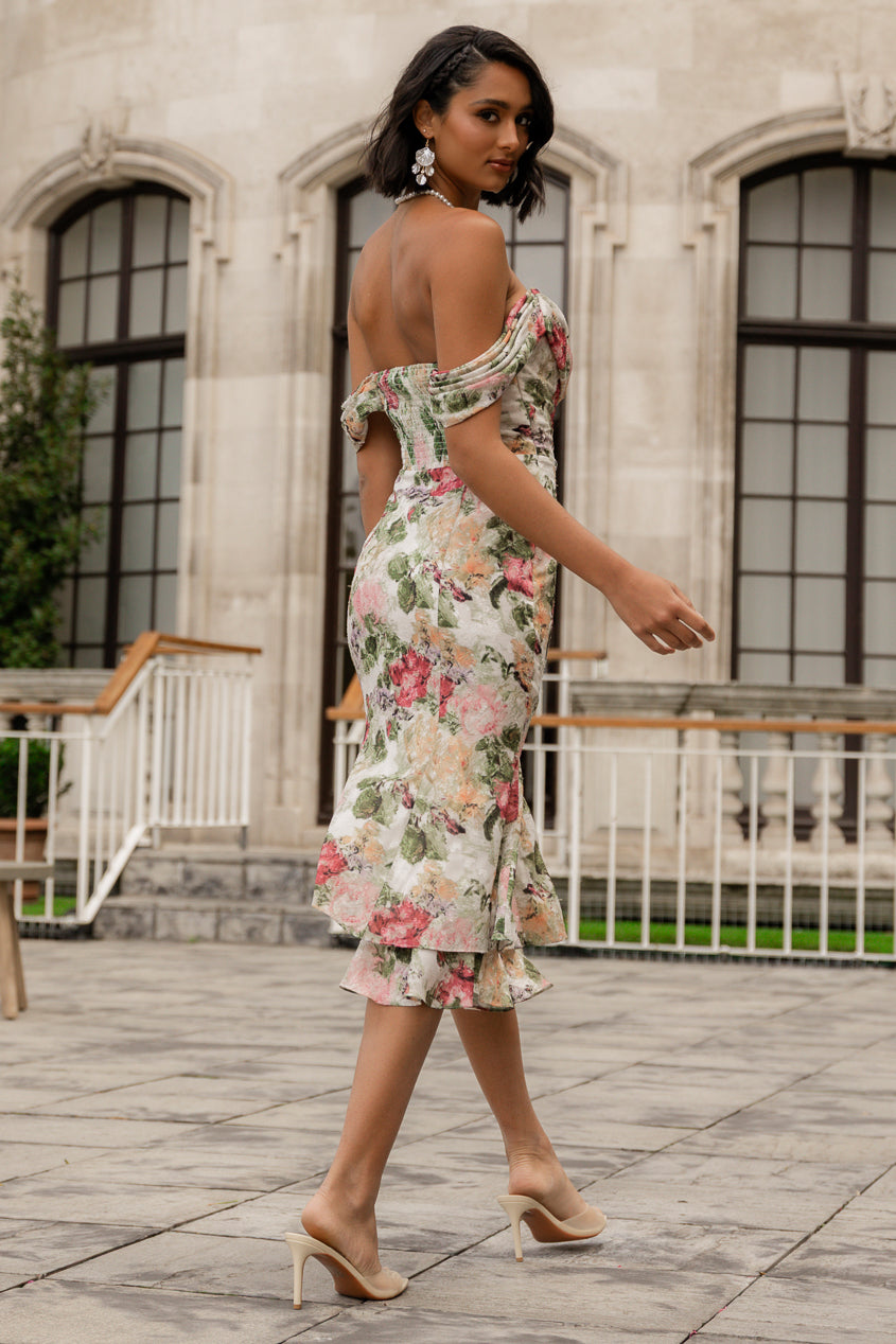 Cowl Neck Floral Print Jacquard Chiffon Tiered Midi Dress - Cream DR4871