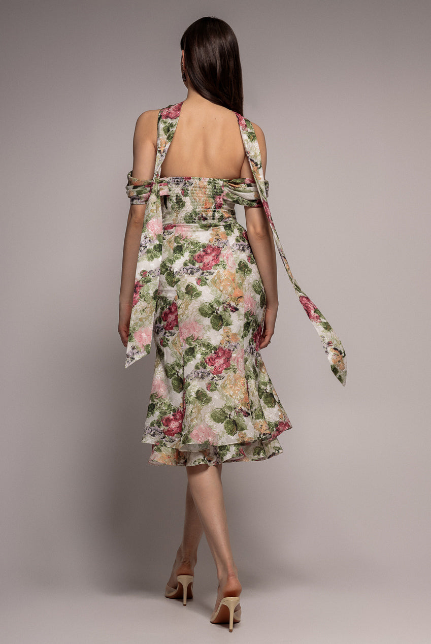 Cowl Neck Floral Print Jacquard Chiffon Tiered Midi Dress - Cream DR4871