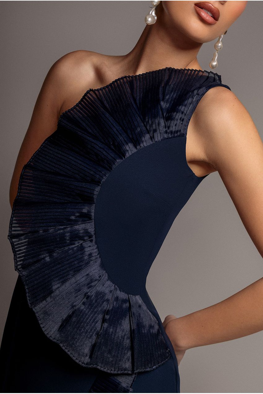 One Shoulder Pleated Fan Midi Dress - Navy Blue DR4872