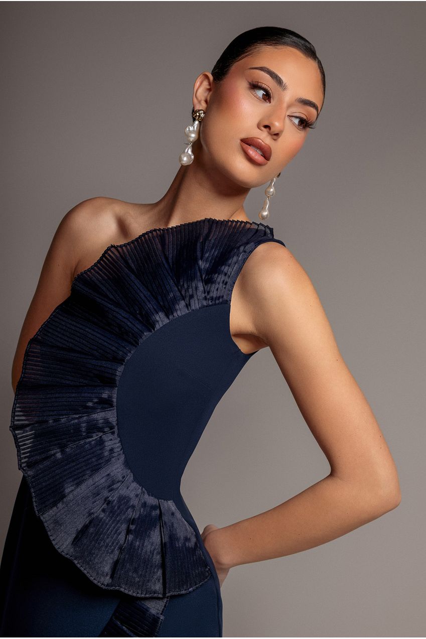 One Shoulder Pleated Fan Midi Dress - Navy Blue DR4872