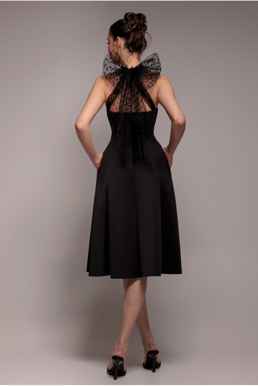 Scuba & Polka Mesh Bella Bow Multiway A-Line Midi Dress - Black DR4877