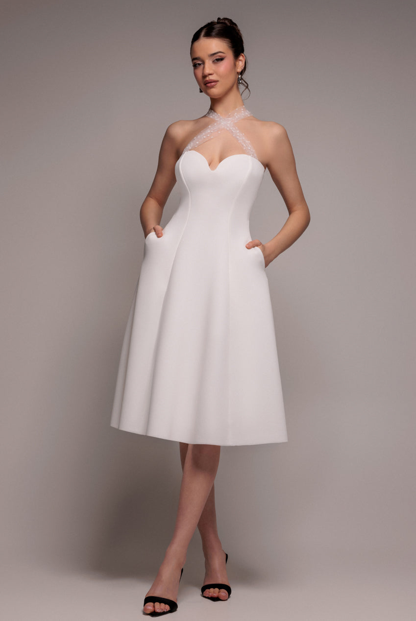 Scuba & Polka Mesh Bella Bow Multiway A-Line Midi Dress - White DR4877