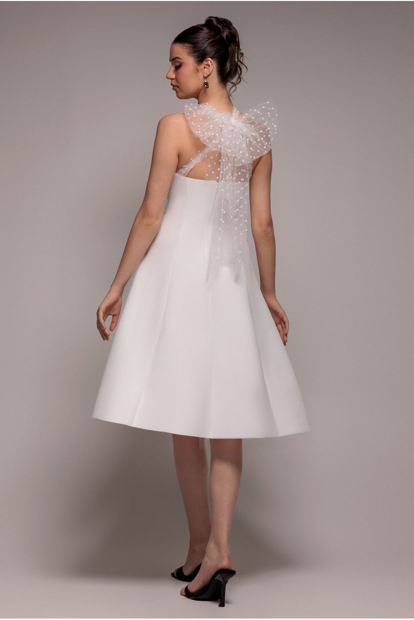 Scuba & Polka Mesh Bella Bow Multiway A-Line Midi Dress - White DR4877