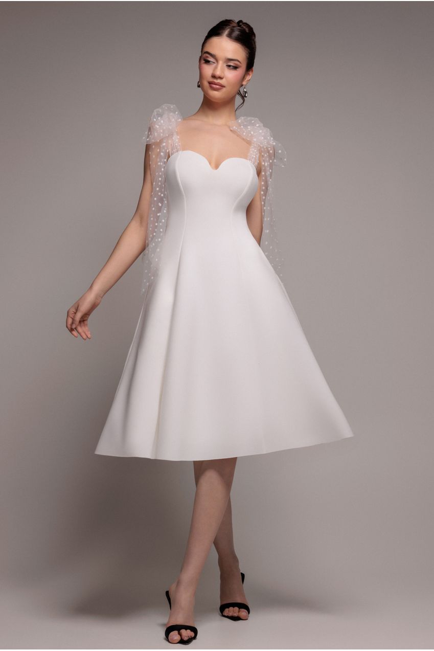 Scuba & Polka Mesh Bella Bow Multiway A-Line Midi Dress - White DR4877