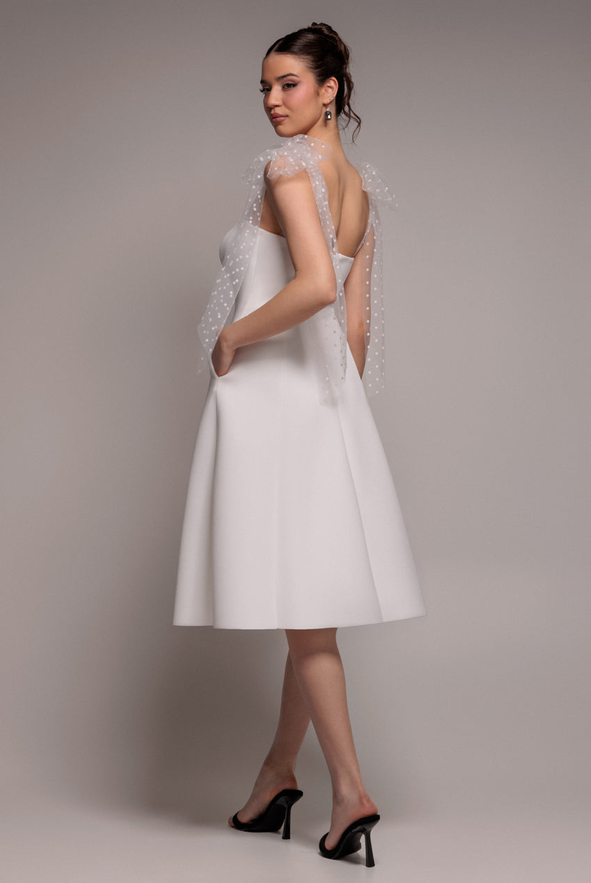 Scuba & Polka Mesh Bella Bow Multiway A-Line Midi Dress - White DR4877
