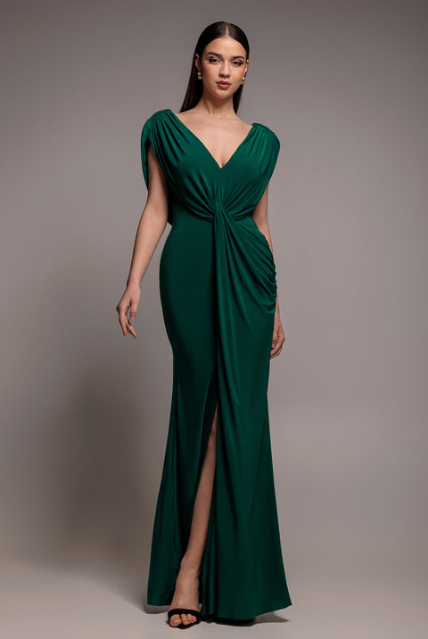 Cowl Plunge Draped Mermaid Maxi Dress - Emerald Green by Goddiva
