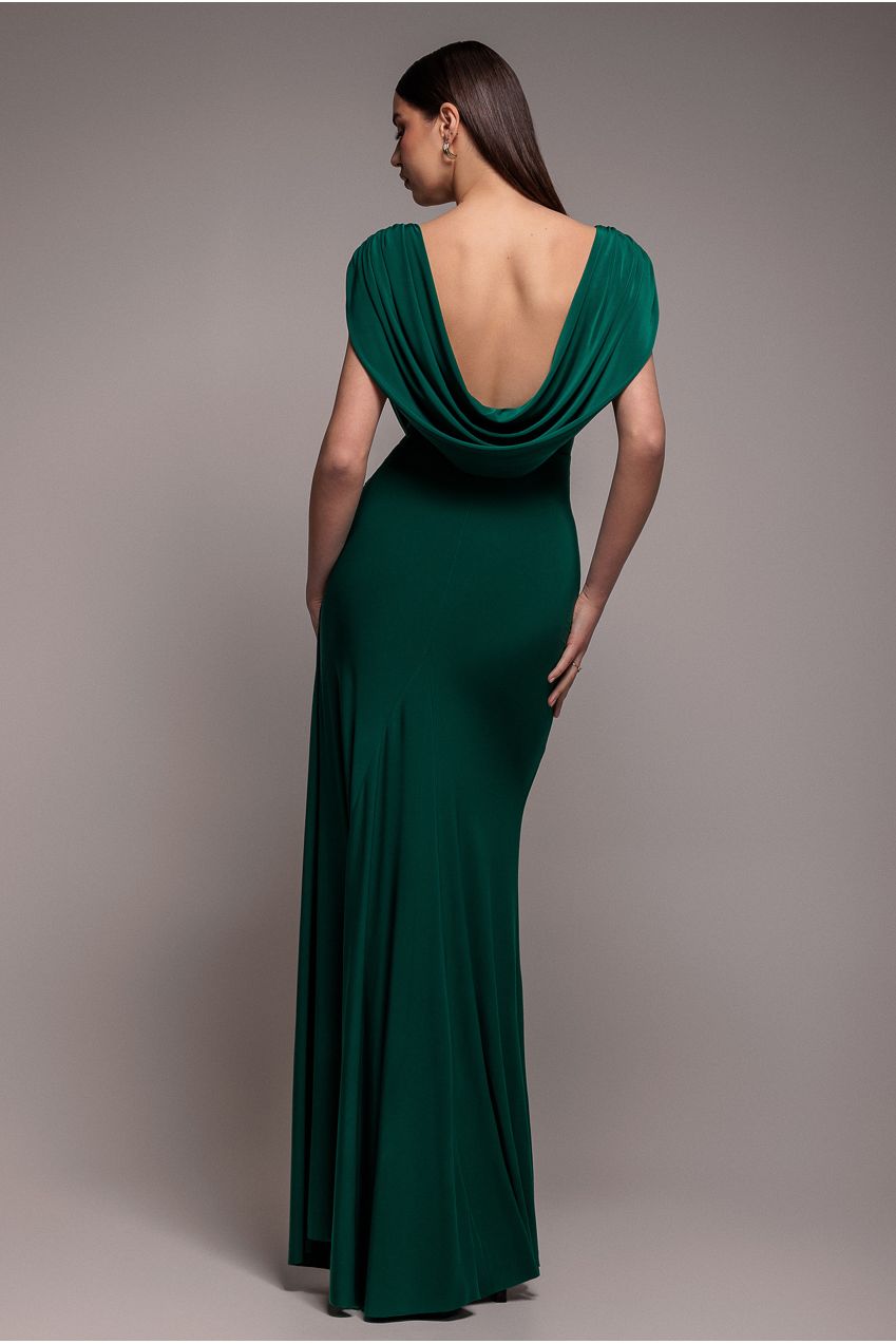 Cowl Plunge Draped Mermaid Maxi Dress - Emerald Green DR4879