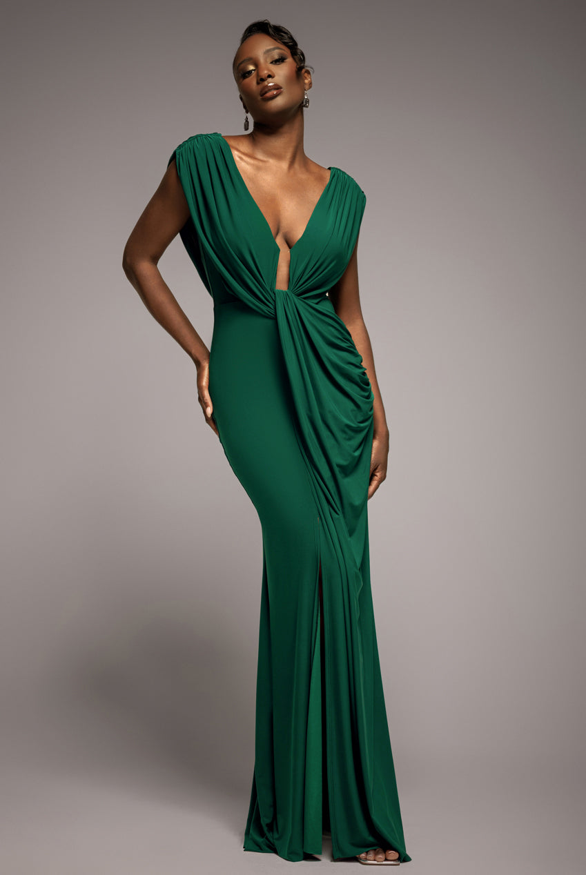 Cowl Plunge Draped Mermaid Maxi Dress - Emerald Green DR4879