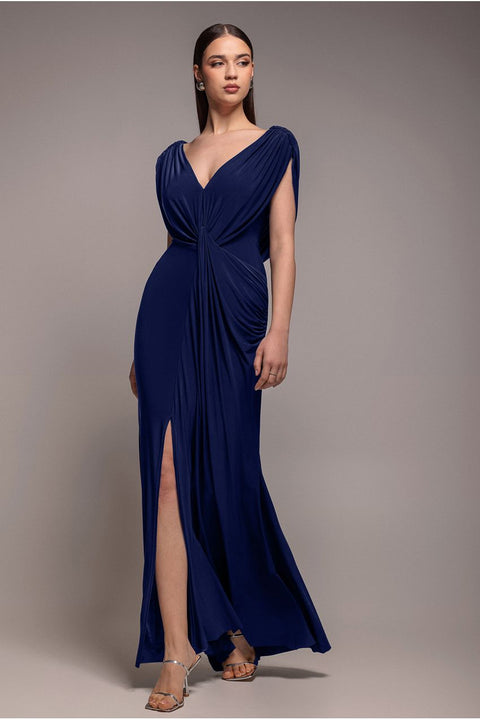 Cowl Plunge Draped Mermaid Maxi Dress - Navy Blue by Goddiva