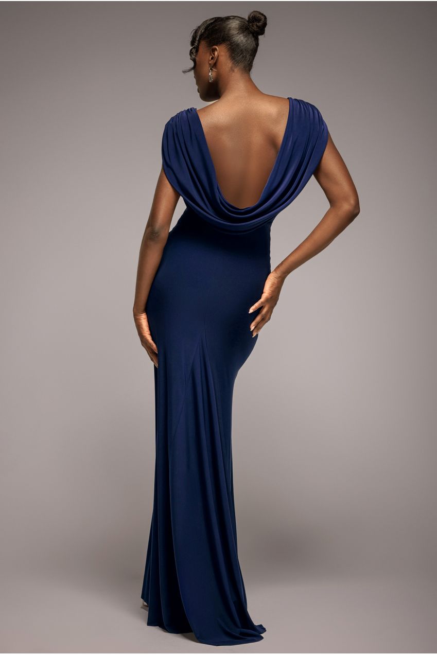 Cowl Plunge Draped Mermaid Maxi Dress - Navy Blue DR4879