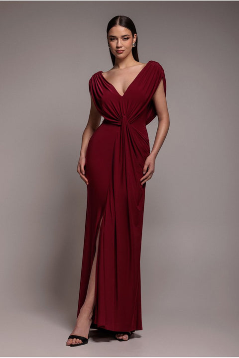 Cowl Plunge Draped Mermaid Maxi Dress - Wine by Goddiva