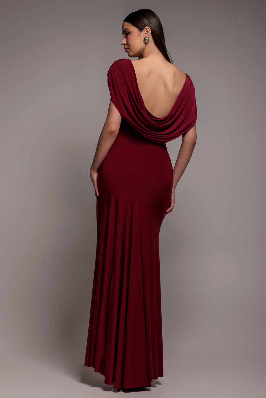 Cowl Plunge Draped Mermaid Maxi Dress - Wine DR4879