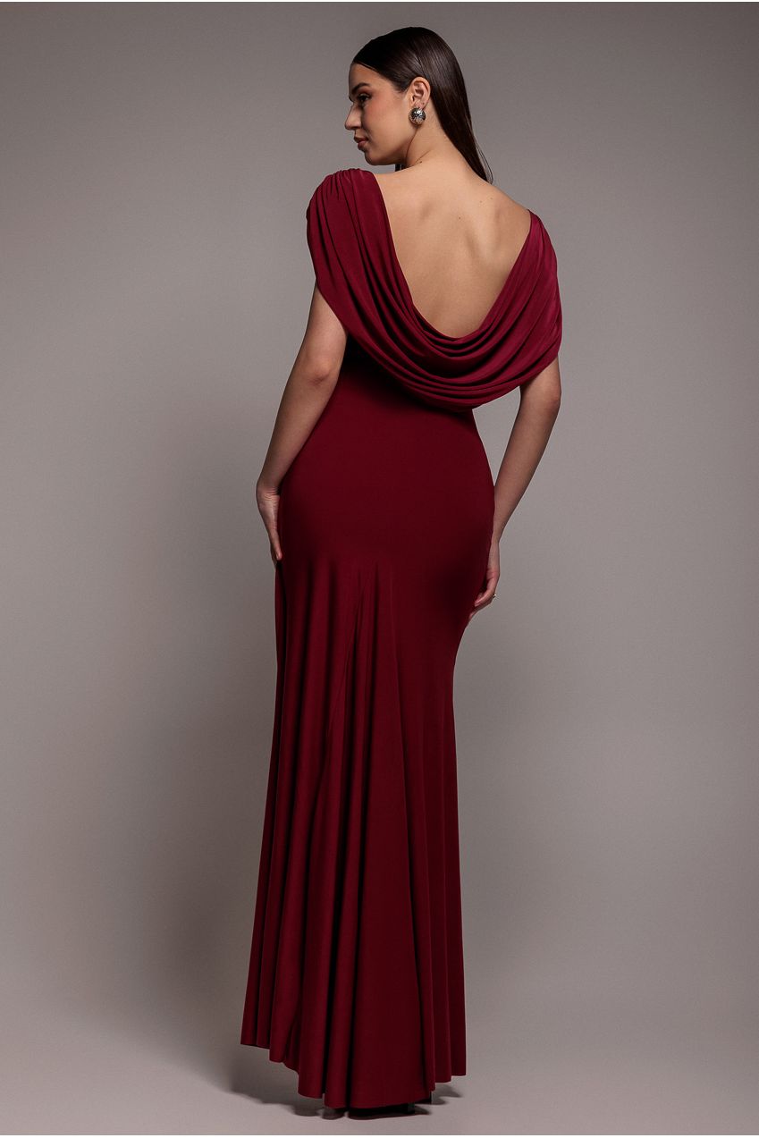 Cowl Plunge Draped Mermaid Maxi Dress - Wine DR4879