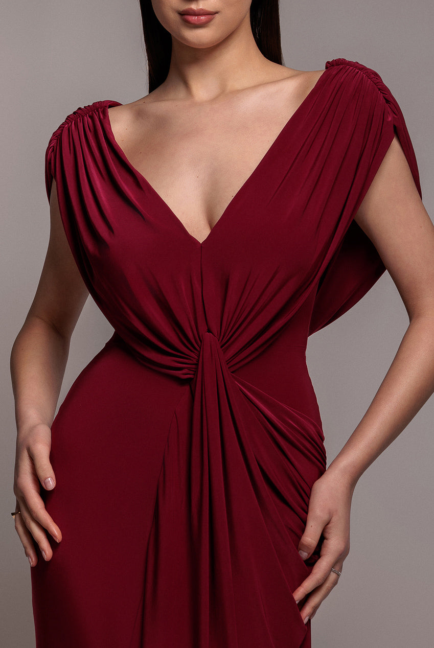 Cowl Plunge Draped Mermaid Maxi Dress - Wine DR4879