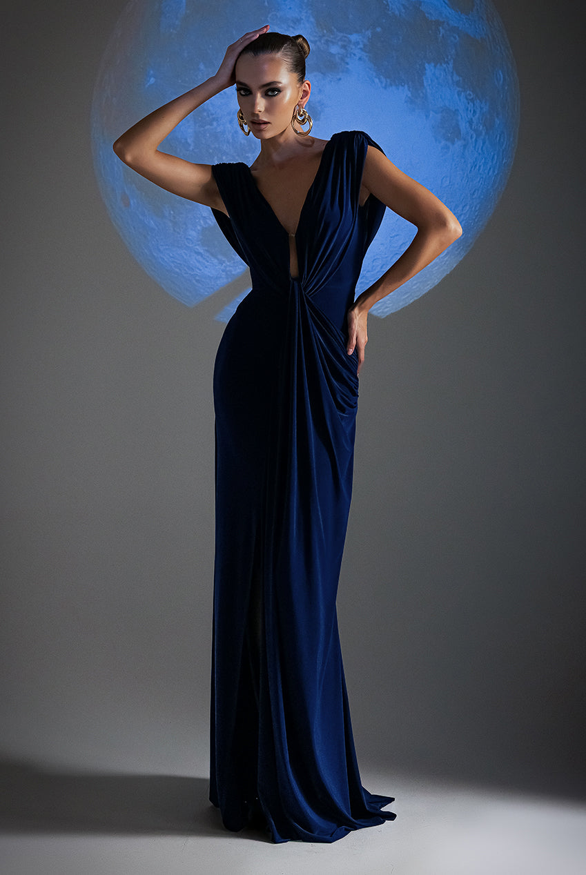 Cowl Plunge Draped Mermaid Maxi Dress - Navy Blue DR4879