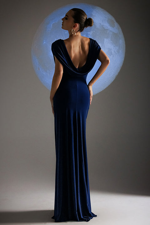Cowl Plunge Draped Mermaid Maxi Dress - Navy Blue by Goddiva