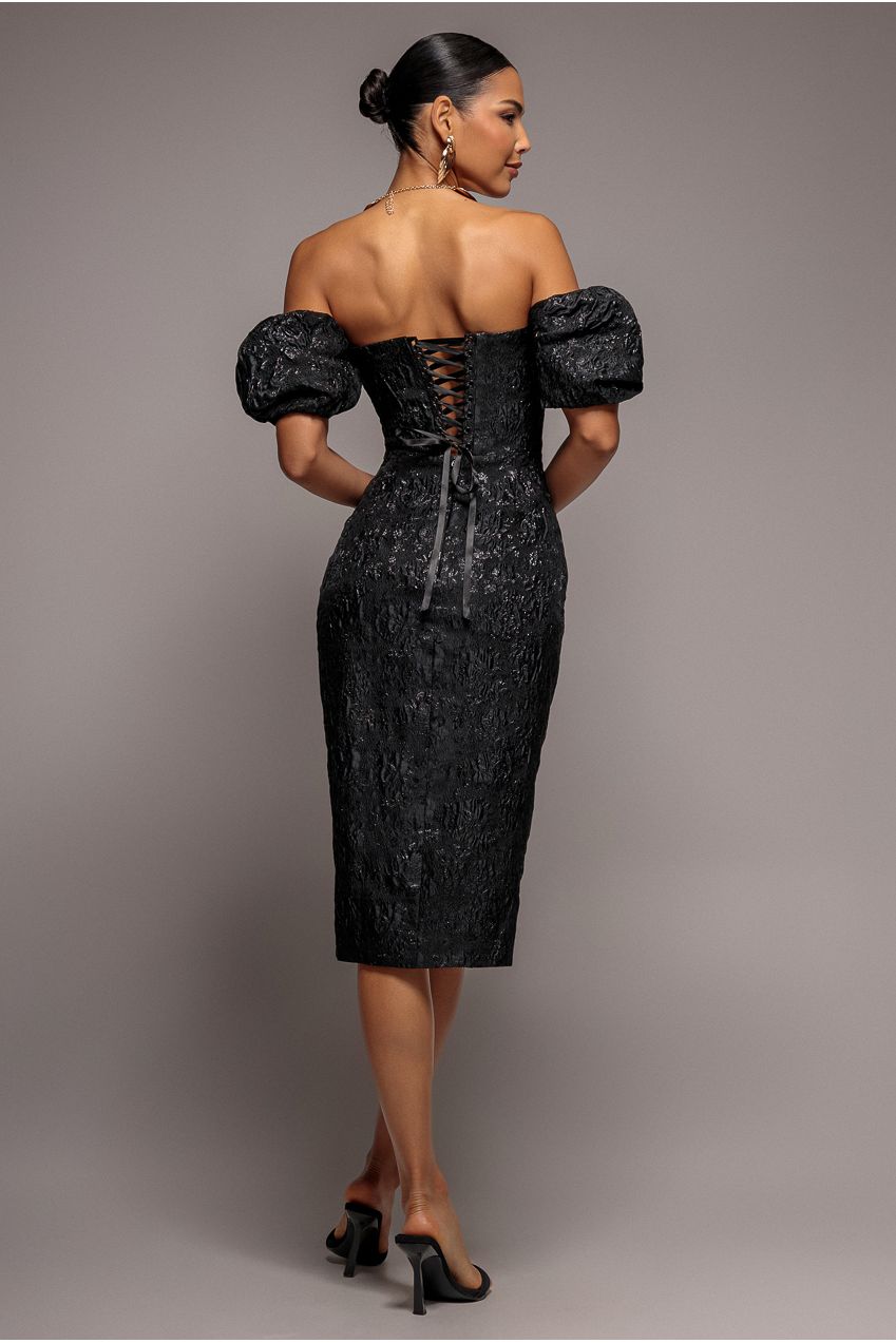 Puff Sleeve Sweetheart Midi Dress - Black DR4883