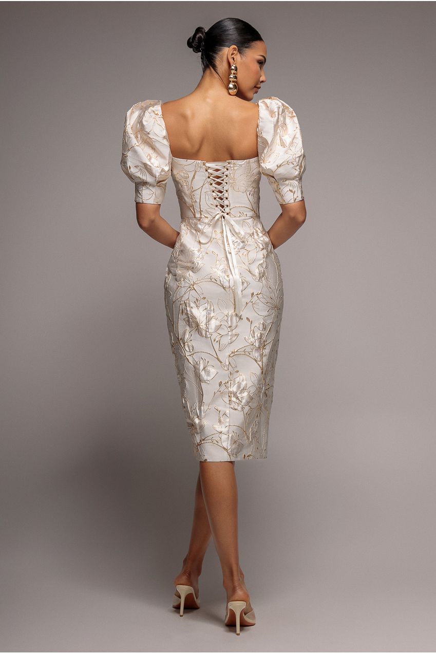 Puff Sleeve Sweetheart Midi Dress - Cream DR4883