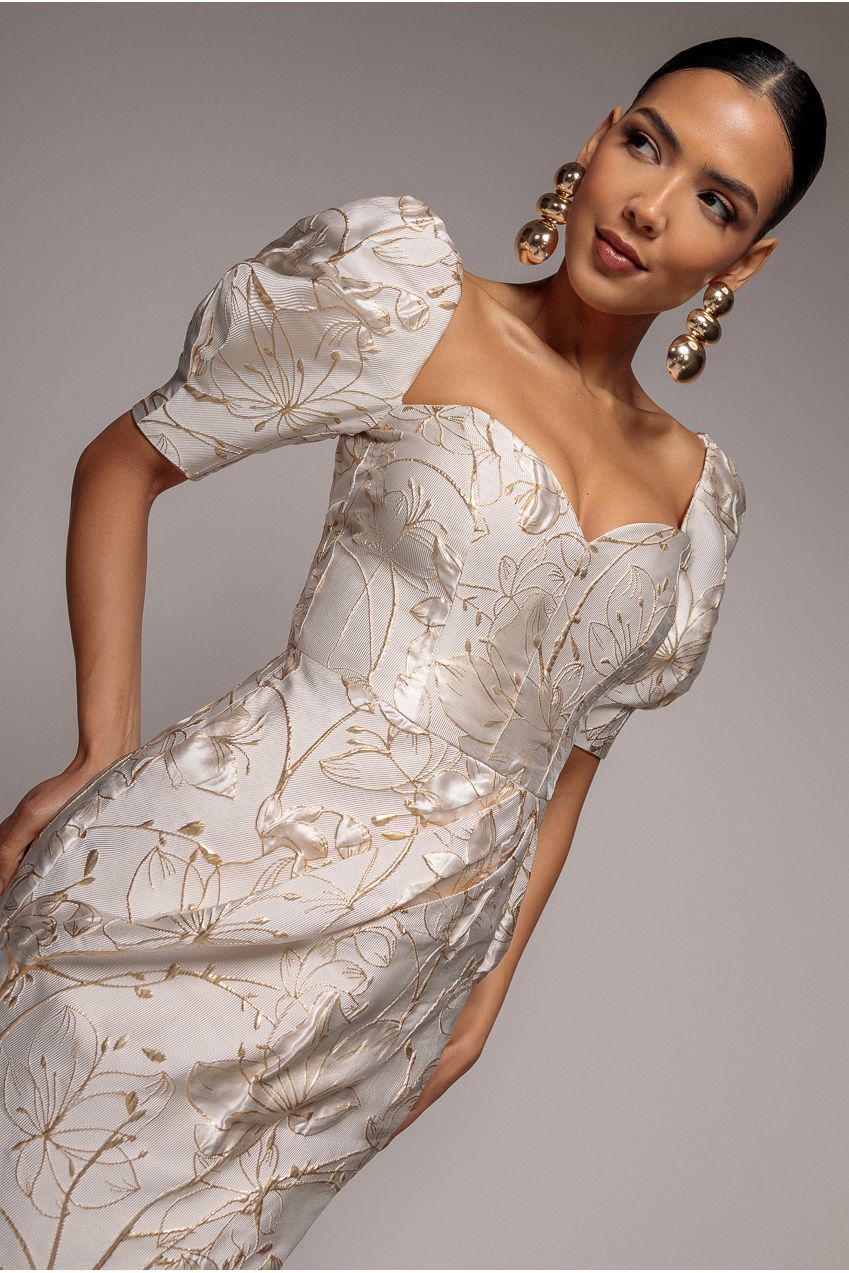 Puff Sleeve Sweetheart Midi Dress - Cream DR4883