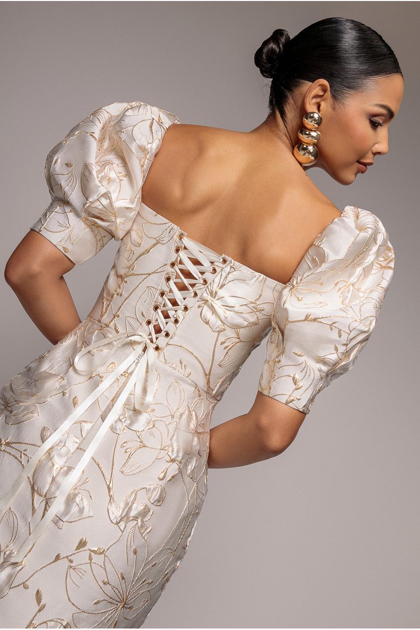 Puff Sleeve Sweetheart Midi Dress - Cream DR4883