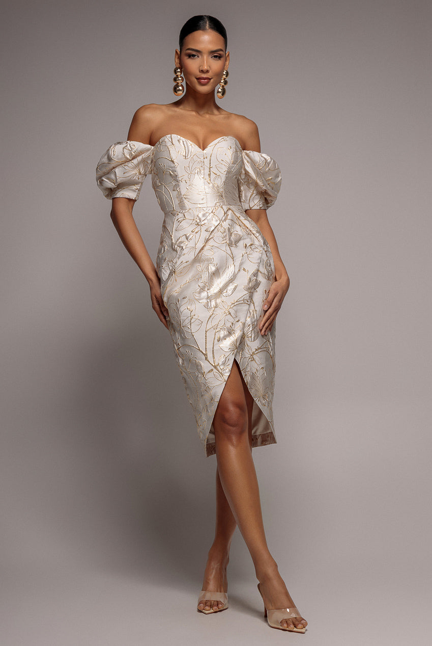 Puff Sleeve Sweetheart Midi Dress - Cream DR4883