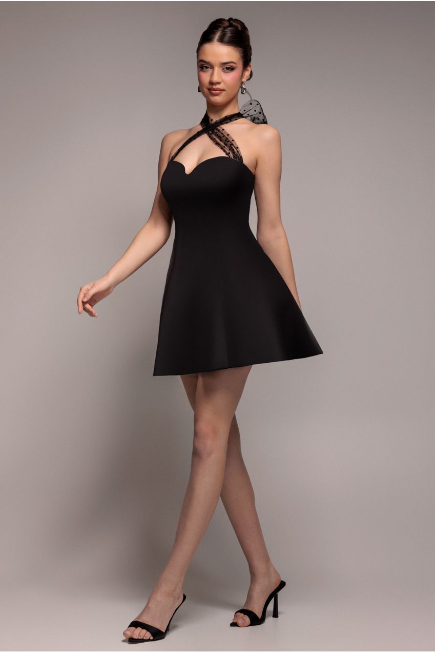 princess polly baby blue dress Scuba & Polka Mesh Bella Bow Multiway Skater Mini Dress - Black