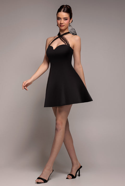 Scuba & Polka Mesh Bella Bow Multiway Skater Mini Dress - Black by Goddiva