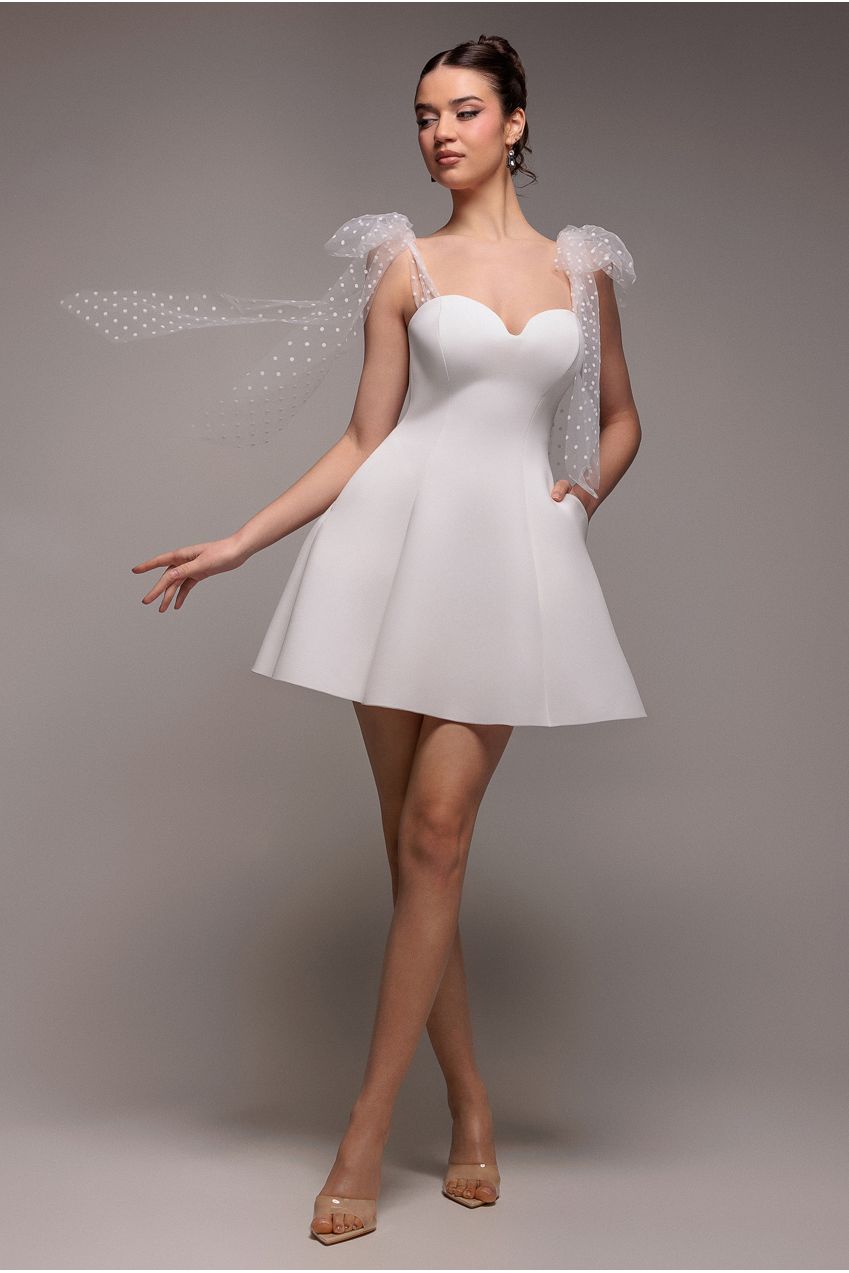 Scuba & Polka Mesh Bella Bow Multiway Skater Mini Dress - White | Goddiva Scuba & Polka Mesh Bella Bow Multiway Skater Mini Dress - White | Goddiva