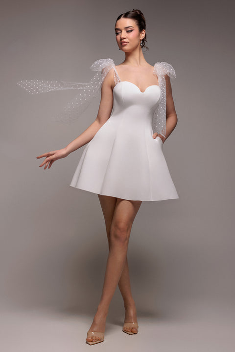 Scuba & Polka Mesh Bella Bow Multiway Skater Mini Dress - White by Goddiva