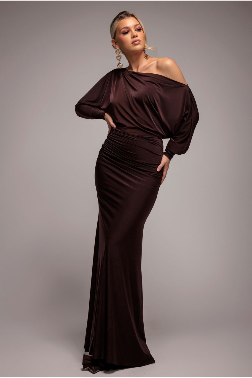 Bat Wing Elasticated Side Gather Maxi Dress - Brown DR4889
