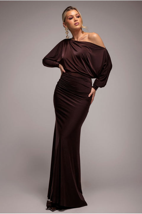 Bat Wing Elasticated Side Gather Maxi Dress - Brown by Goddiva
