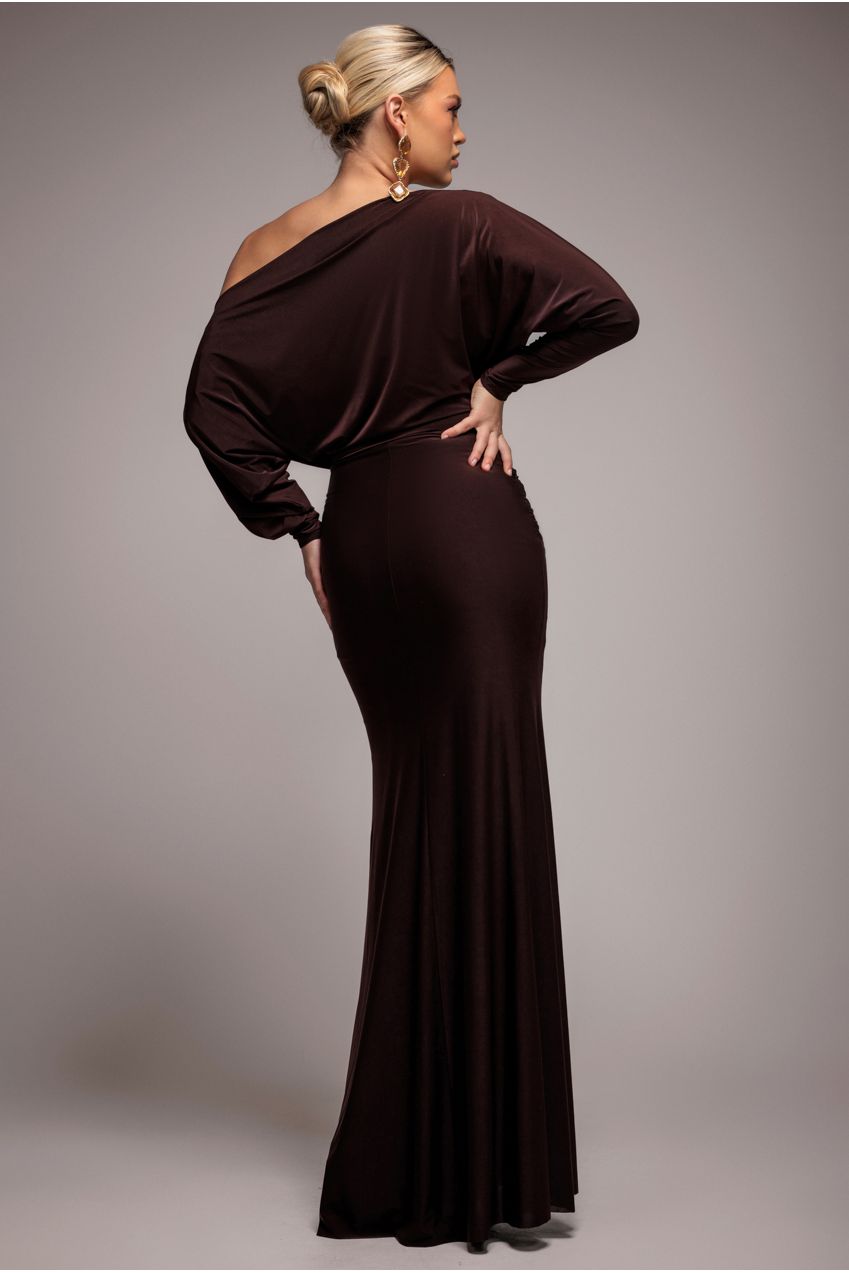 Bat Wing Elasticated Side Gather Maxi Dress - Brown DR4889