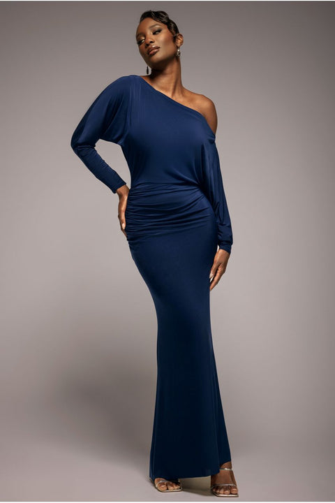 Bat Wing Elasticated Side Gather Maxi Dress - Navy Blue by Goddiva
