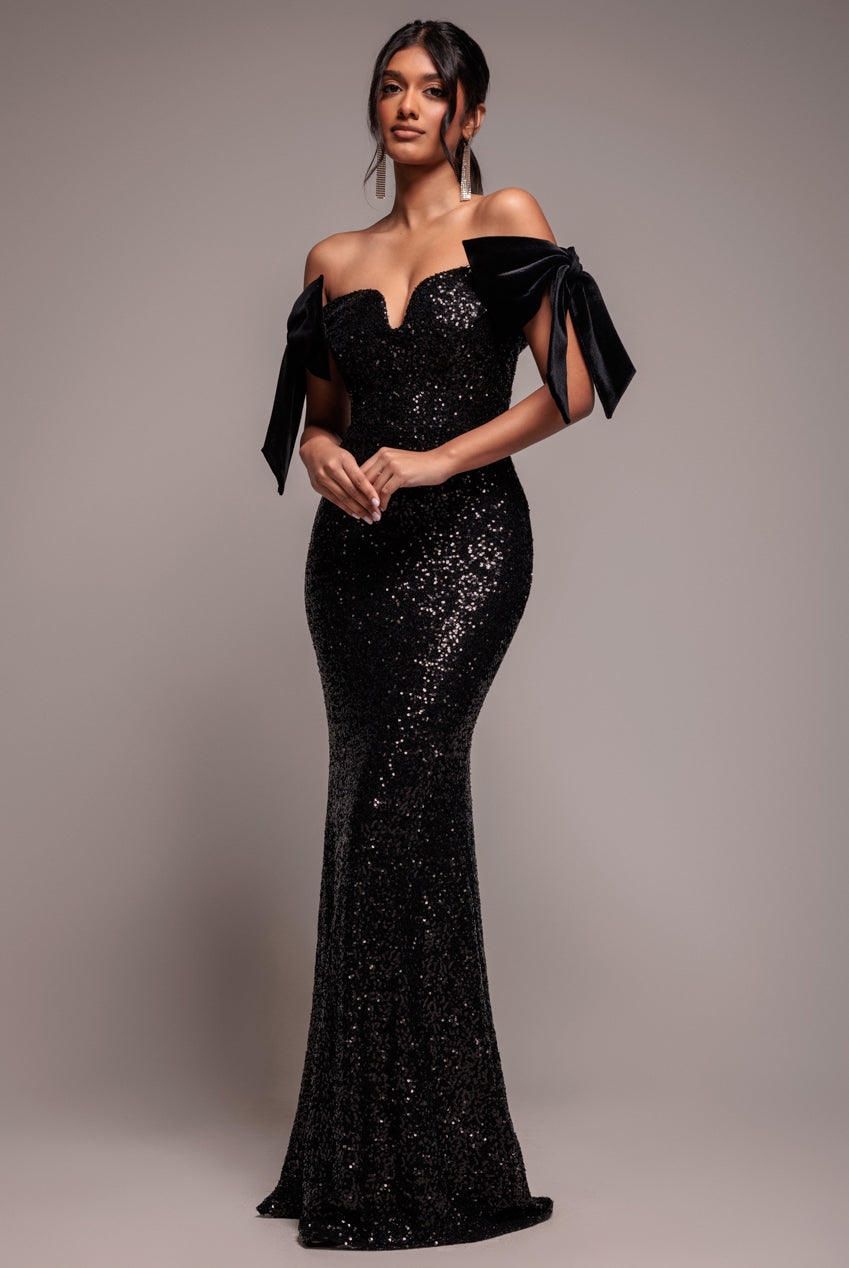 Sequin Off The Shoulder Velvet Bow Maxi Dress - Black DR4894