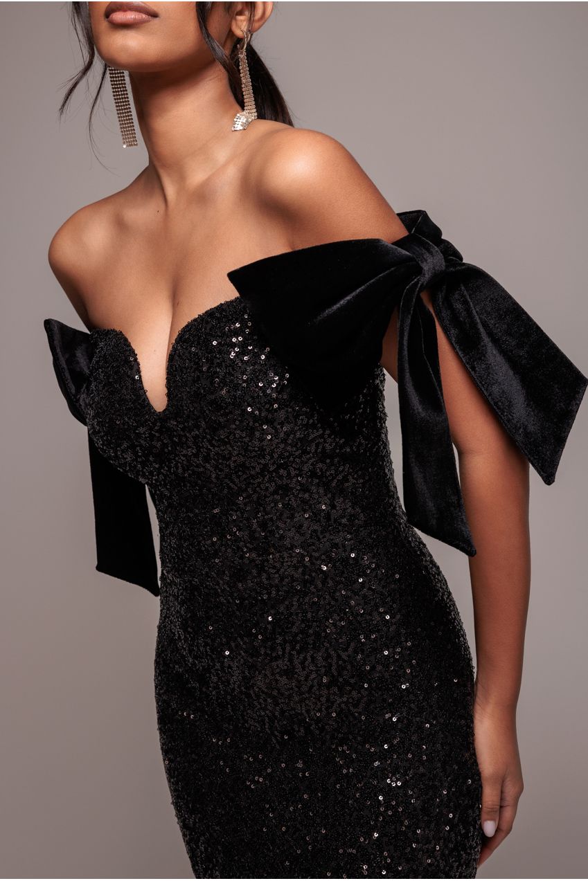 Sequin Off The Shoulder Velvet Bow Maxi Dress - Black DR4894