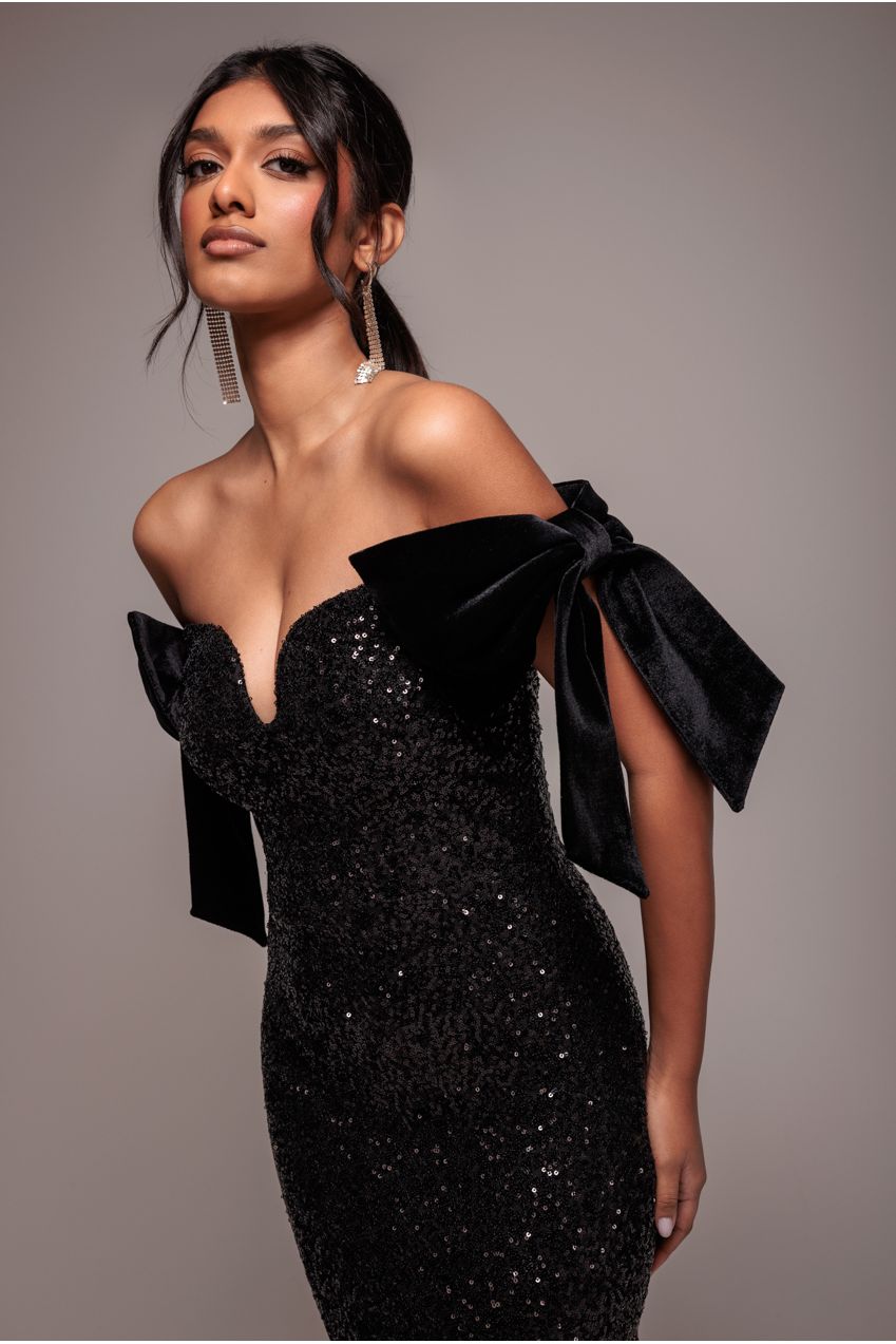 Sequin Off The Shoulder Velvet Bow Maxi Dress - Black | Goddiva Sequin Off The Shoulder Velvet Bow Maxi Dress - Black | Goddiva