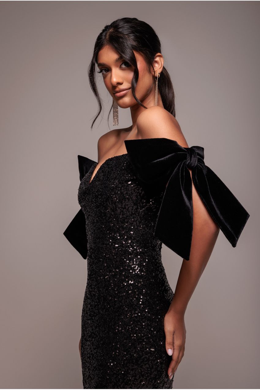 Sequin Off The Shoulder Velvet Bow Midi Dress - Black DR4895