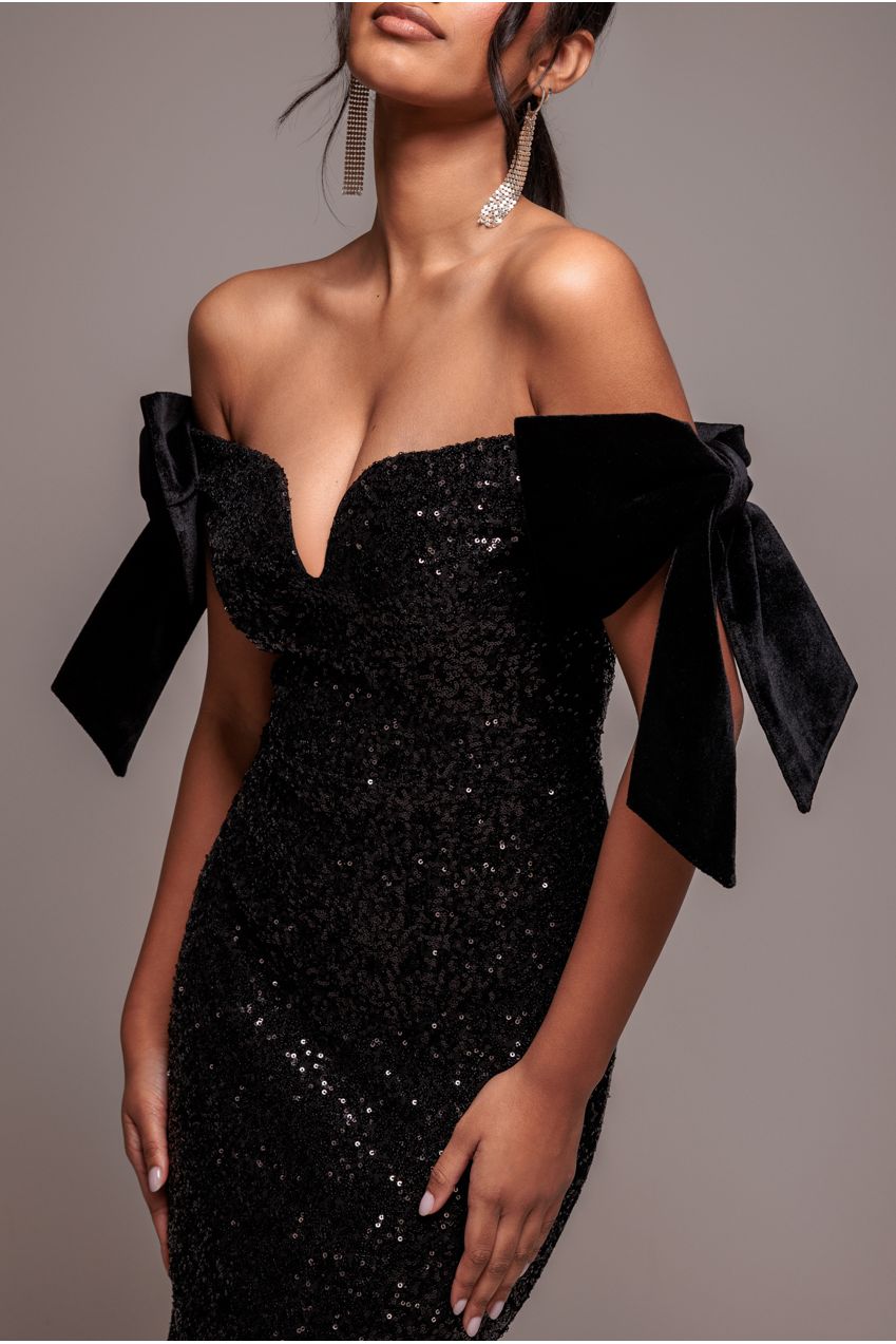 Sequin Off The Shoulder Velvet Bow Midi Dress - Black DR4895