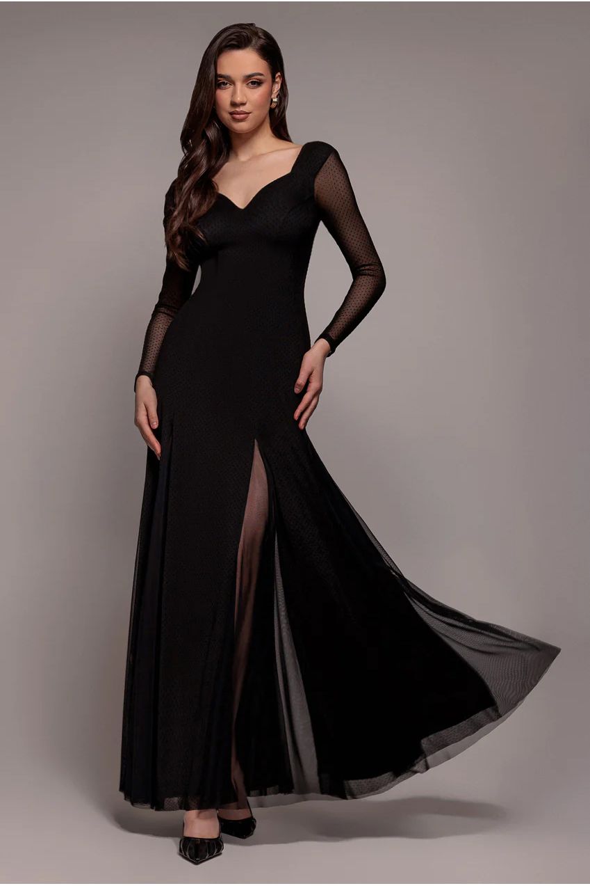 Dobby Mesh Insert Long Sleeve A-Line Maxi Dress - Black DR4897