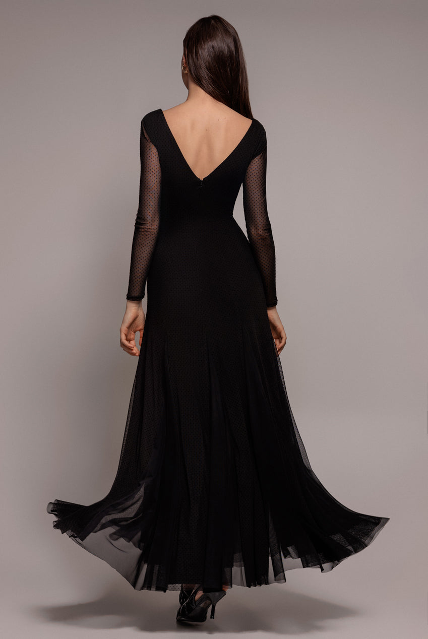 Dobby Mesh Insert Long Sleeve A-Line Maxi Dress - Black DR4897